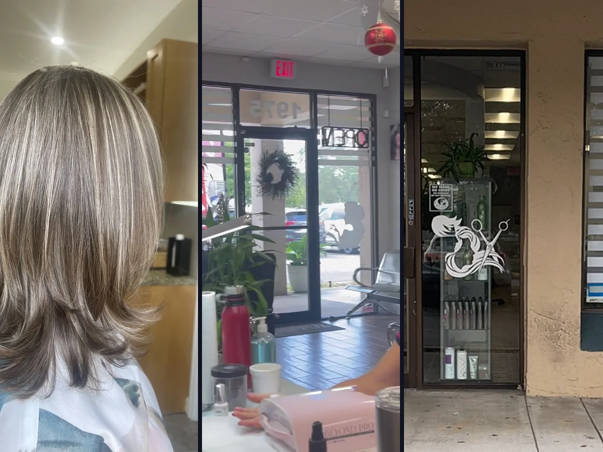 Hair styling station with salon chairs and mirrors.