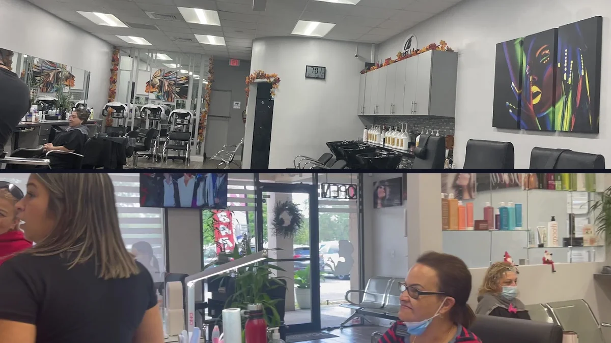 Hair styling station with salon chairs and mirrors.
